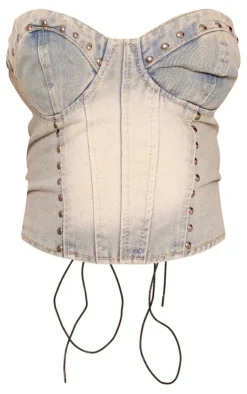 Outlet PrettyLittleThing Studded Bandeau Denim Crop Top Vintage Wash