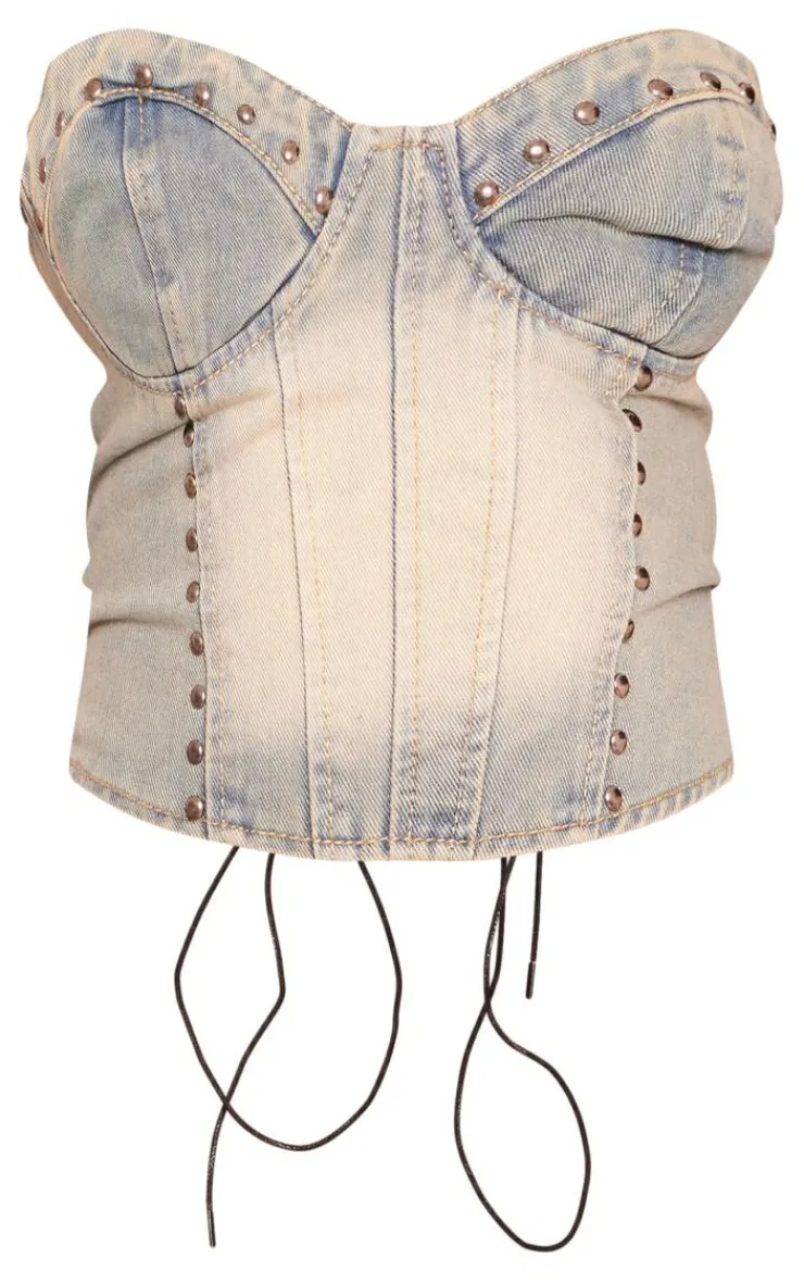 Outlet PrettyLittleThing Studded Bandeau Denim Crop Top Vintage Wash