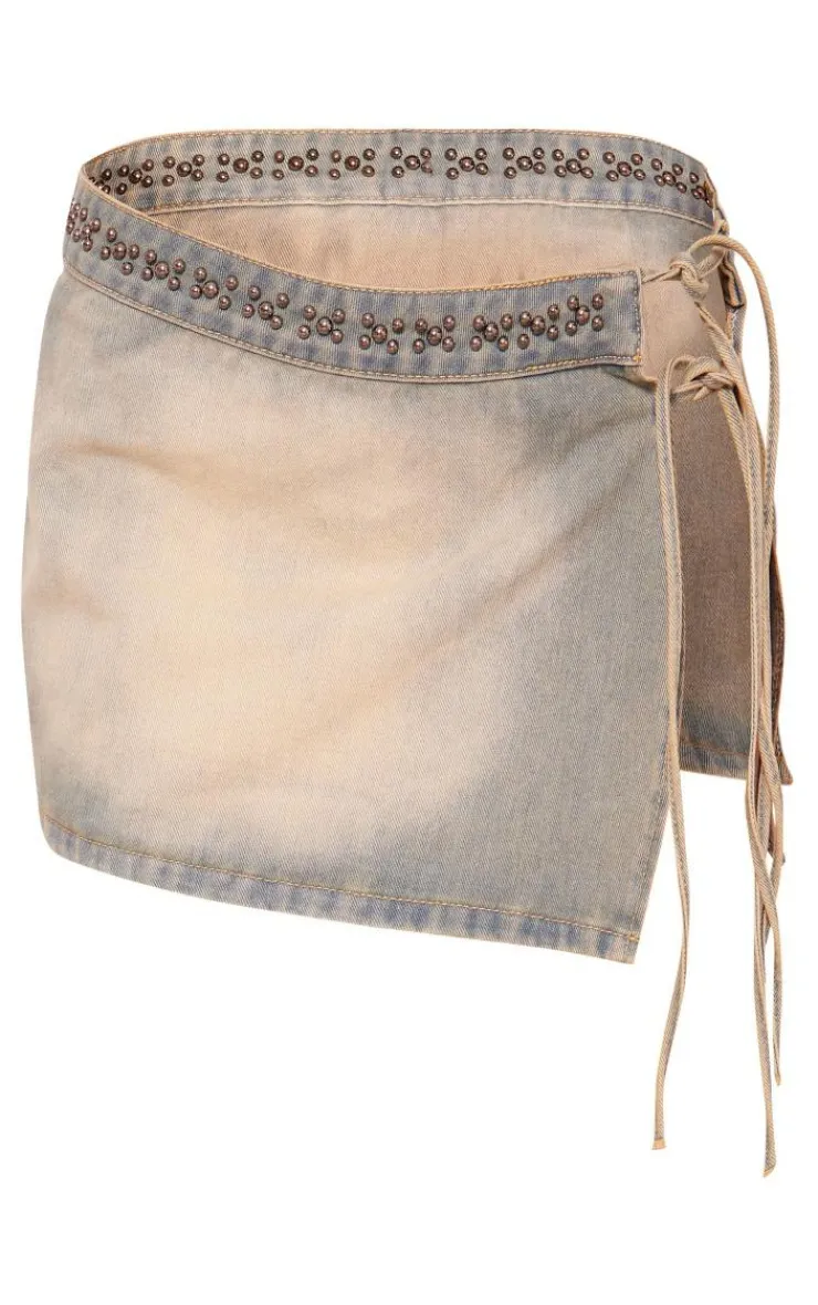 Clearance PrettyLittleThing Studded Tie Side Denim Mini Skirt Vintage Wash