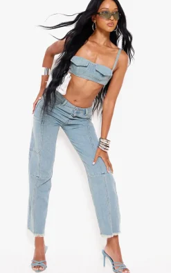 PrettyLittleThing Utility Cargo Denim Jeans Vintage Wash