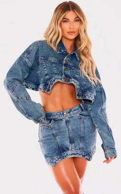 Hot PrettyLittleThing Washed Curved Hem Denim Jacket Vintage Wash