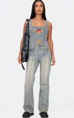 Hot PrettyLittleThing Washed Front Seam Studded Flared Jeans Vintage