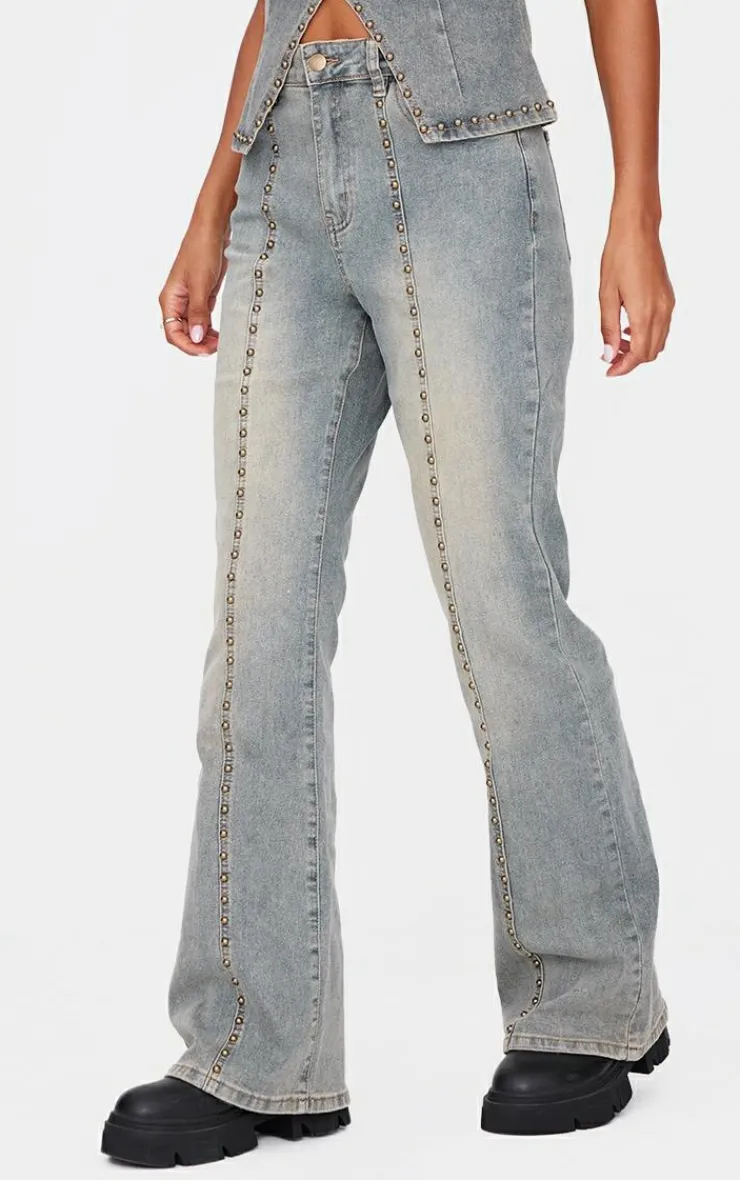 Hot PrettyLittleThing Washed Front Seam Studded Flared Jeans Vintage