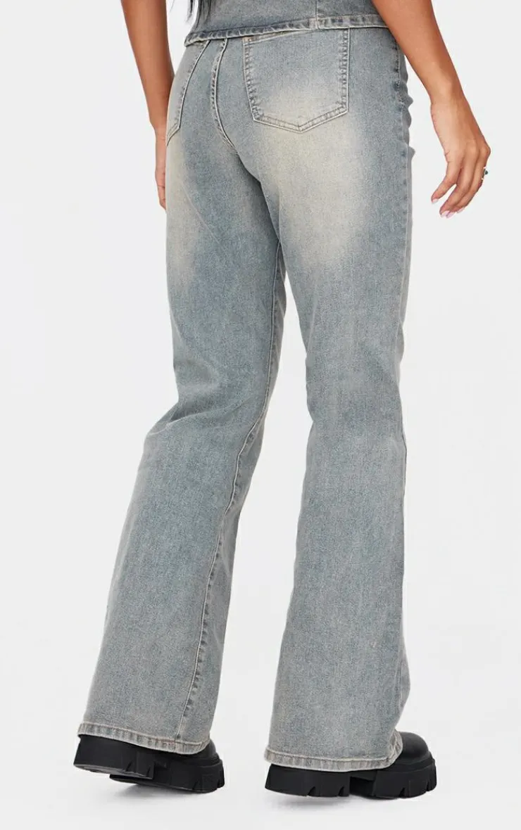 Hot PrettyLittleThing Washed Front Seam Studded Flared Jeans Vintage