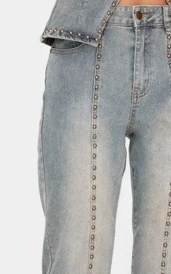 Hot PrettyLittleThing Washed Front Seam Studded Flared Jeans Vintage