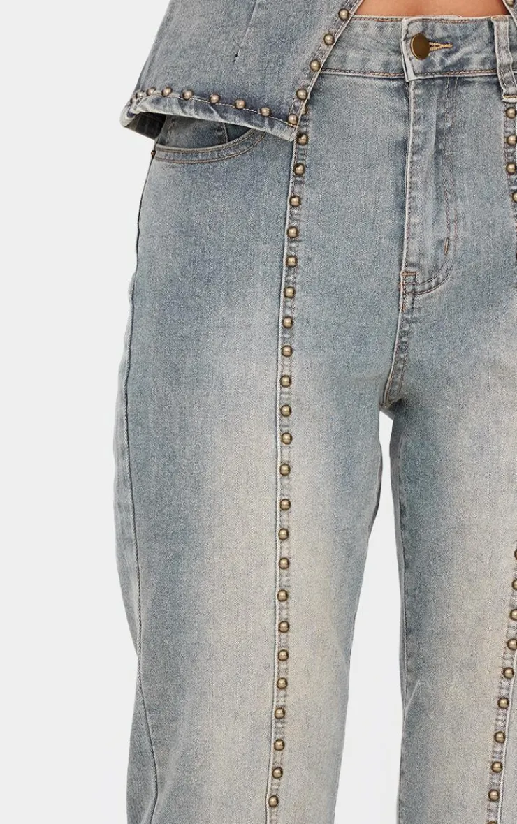 Hot PrettyLittleThing Washed Front Seam Studded Flared Jeans Vintage