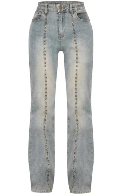 Hot PrettyLittleThing Washed Front Seam Studded Flared Jeans Vintage
