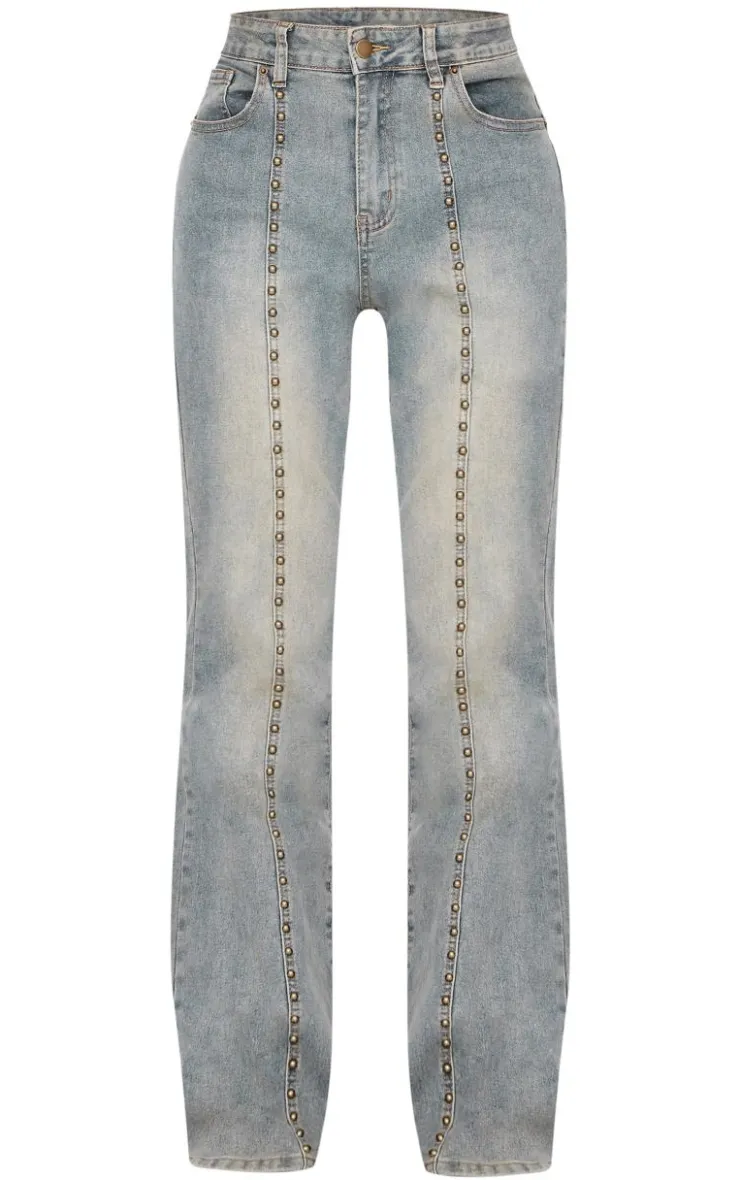Hot PrettyLittleThing Washed Front Seam Studded Flared Jeans Vintage