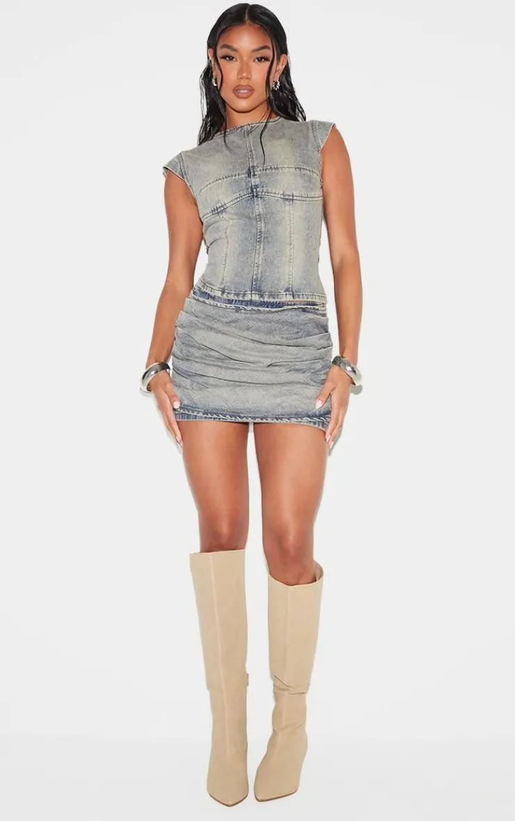 New PrettyLittleThing Washed Ruched Style Denim Mini Skirt Vintage