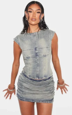 New PrettyLittleThing Washed Ruched Style Denim Mini Skirt Vintage