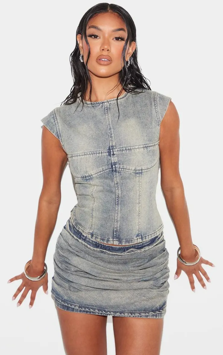 New PrettyLittleThing Washed Ruched Style Denim Mini Skirt Vintage