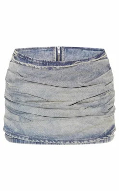 New PrettyLittleThing Washed Ruched Style Denim Mini Skirt Vintage