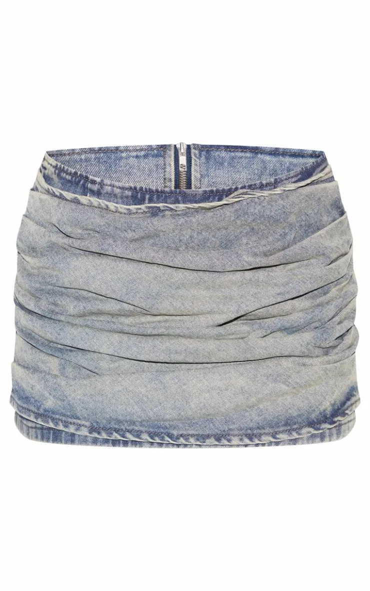 New PrettyLittleThing Washed Ruched Style Denim Mini Skirt Vintage