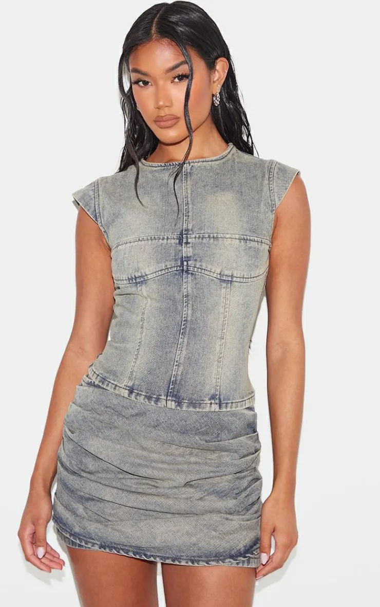 Sale PrettyLittleThing Washed Seam Detail Cap Sleeve Denim Top Vintage