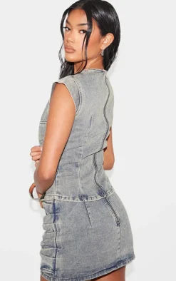 Sale PrettyLittleThing Washed Seam Detail Cap Sleeve Denim Top Vintage