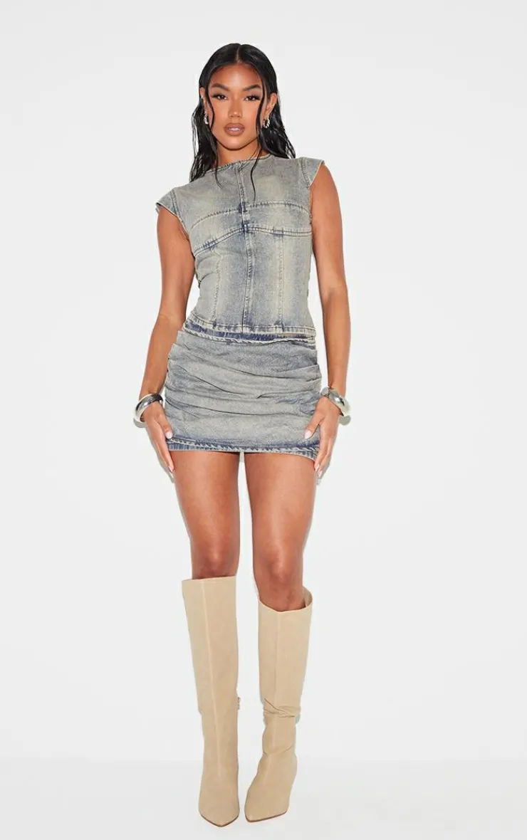 Sale PrettyLittleThing Washed Seam Detail Cap Sleeve Denim Top Vintage