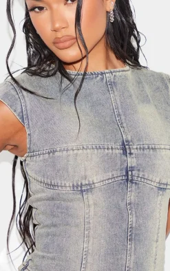 Sale PrettyLittleThing Washed Seam Detail Cap Sleeve Denim Top Vintage