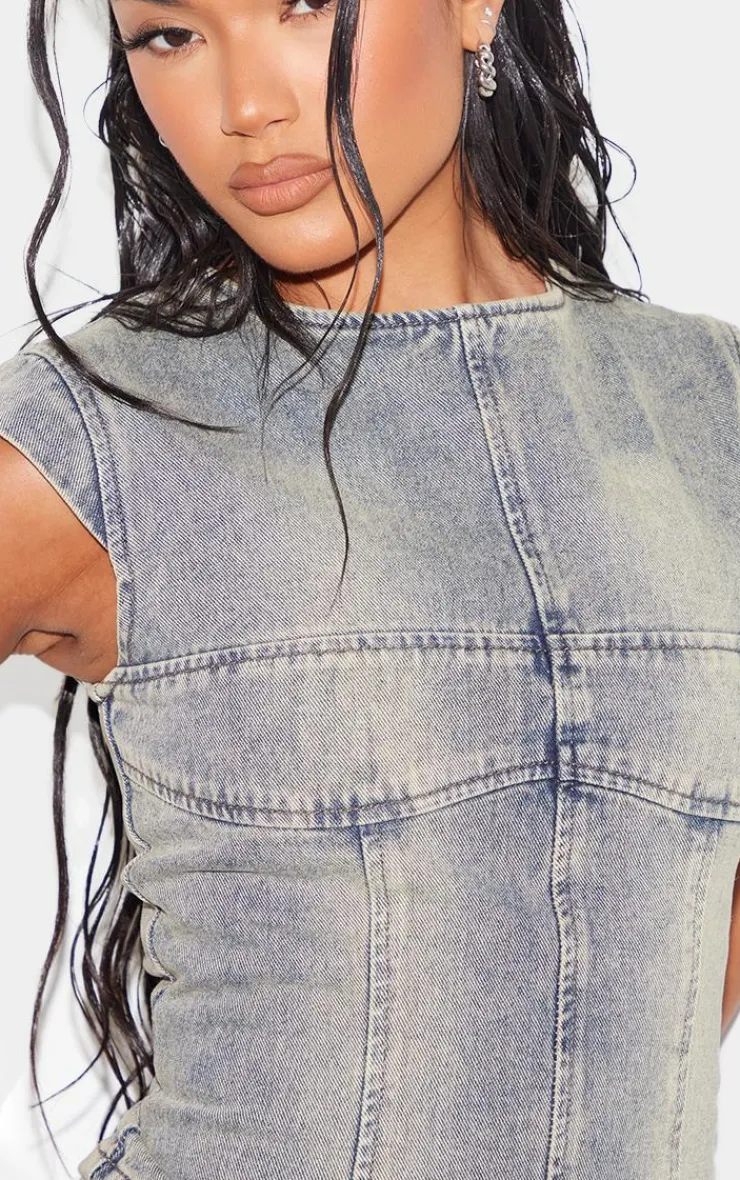 Sale PrettyLittleThing Washed Seam Detail Cap Sleeve Denim Top Vintage
