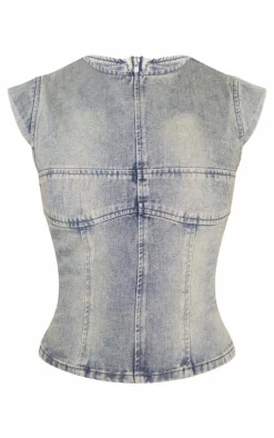 Sale PrettyLittleThing Washed Seam Detail Cap Sleeve Denim Top Vintage