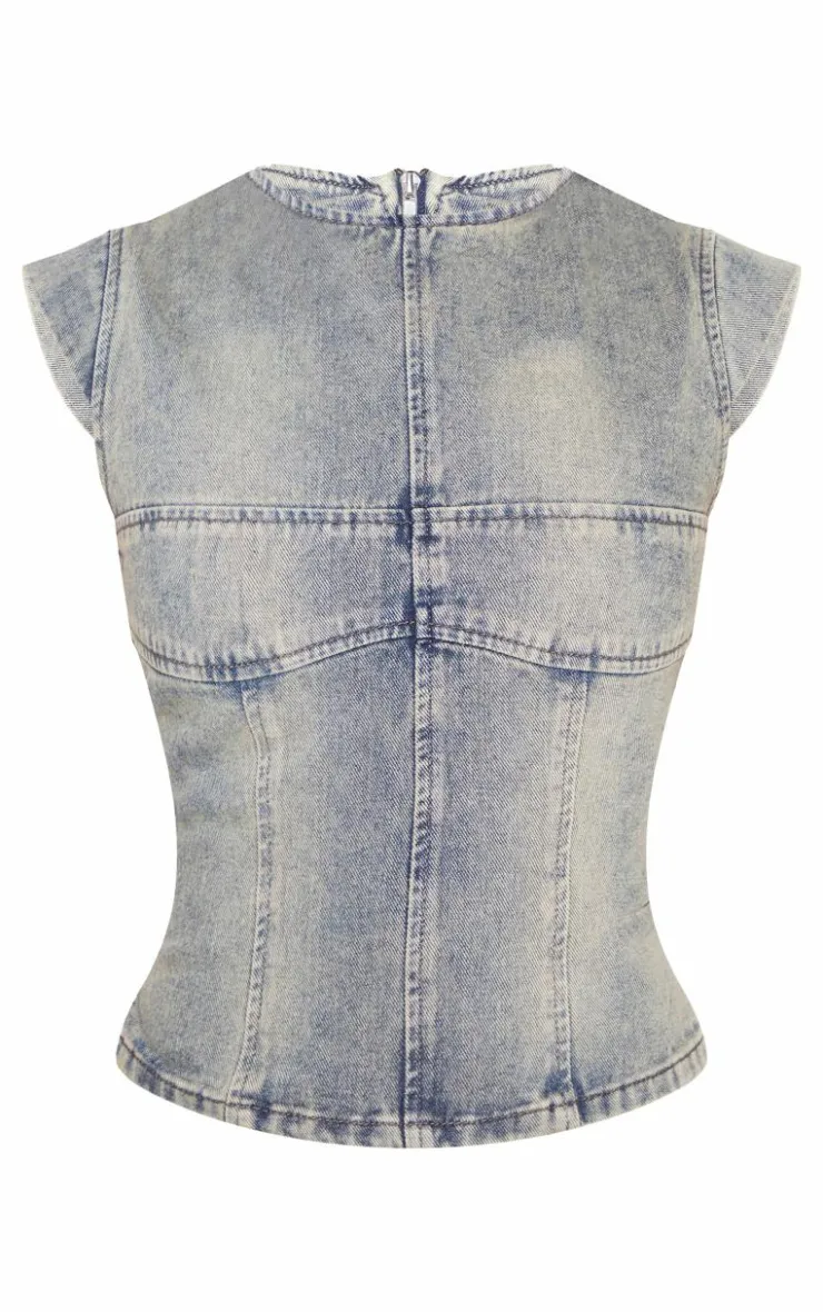 Sale PrettyLittleThing Washed Seam Detail Cap Sleeve Denim Top Vintage