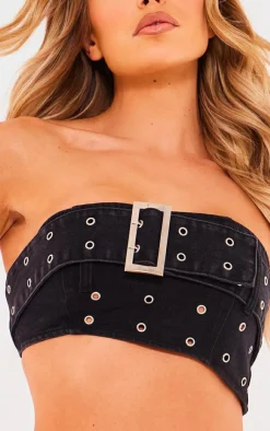 Belt Detail Denim Bandeau Crop Top-PrettyLittleThing Discount
