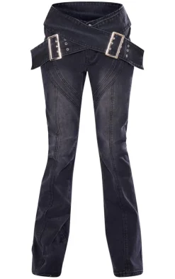 Outlet PrettyLittleThing Cross Over Belt Flare Jeans Washed Black