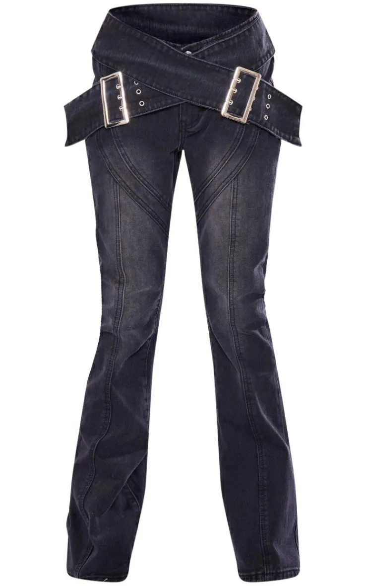 Outlet PrettyLittleThing Cross Over Belt Flare Jeans Washed Black