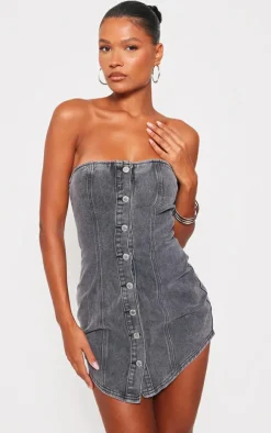 Curved Hem Button Through Denim Mini Dress-PrettyLittleThing Discount