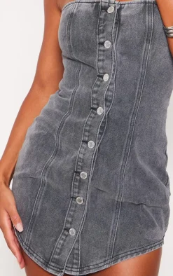 Curved Hem Button Through Denim Mini Dress-PrettyLittleThing Discount
