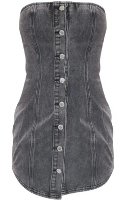 Curved Hem Button Through Denim Mini Dress-PrettyLittleThing Discount