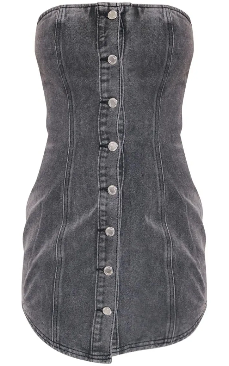 Curved Hem Button Through Denim Mini Dress-PrettyLittleThing Discount