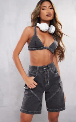 Clearance PrettyLittleThing Denim Bralet Washed Black