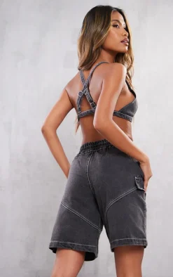 Clearance PrettyLittleThing Denim Bralet Washed Black