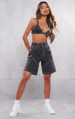 Clearance PrettyLittleThing Denim Bralet Washed Black
