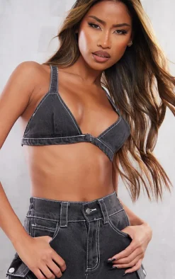 Clearance PrettyLittleThing Denim Bralet Washed Black