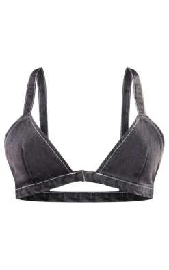 Clearance PrettyLittleThing Denim Bralet Washed Black