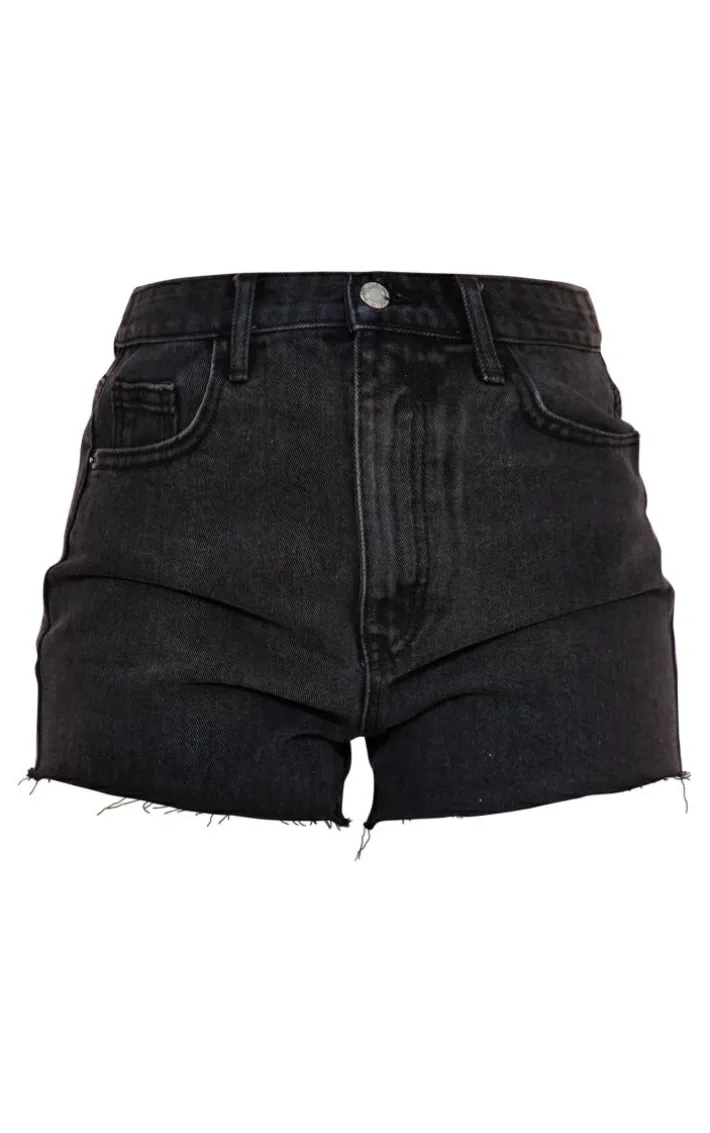 Washed Black Denim Raw Hem Hot Pants