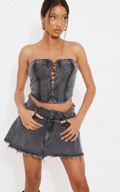 Outlet PrettyLittleThing Distressed Edge Lace Front Denim Corset Top Washed Black