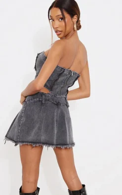 Outlet PrettyLittleThing Distressed Edge Lace Front Denim Corset Top Washed Black