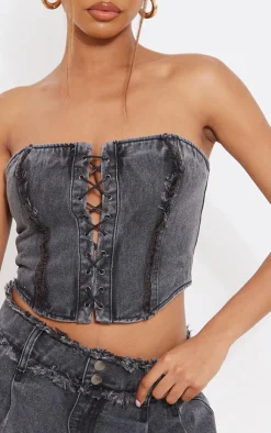 Outlet PrettyLittleThing Distressed Edge Lace Front Denim Corset Top Washed Black