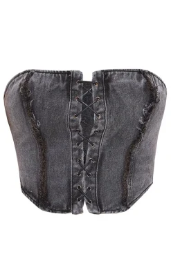 Outlet PrettyLittleThing Distressed Edge Lace Front Denim Corset Top Washed Black