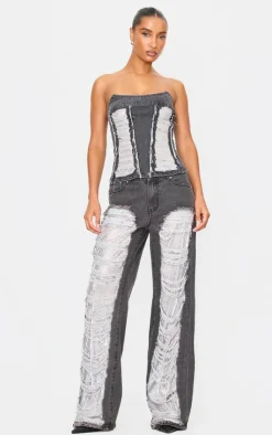 Best PrettyLittleThing Extreme Distressed Sequin Panel Straight Leg Jeans Washed Black