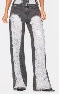 Best PrettyLittleThing Extreme Distressed Sequin Panel Straight Leg Jeans Washed Black