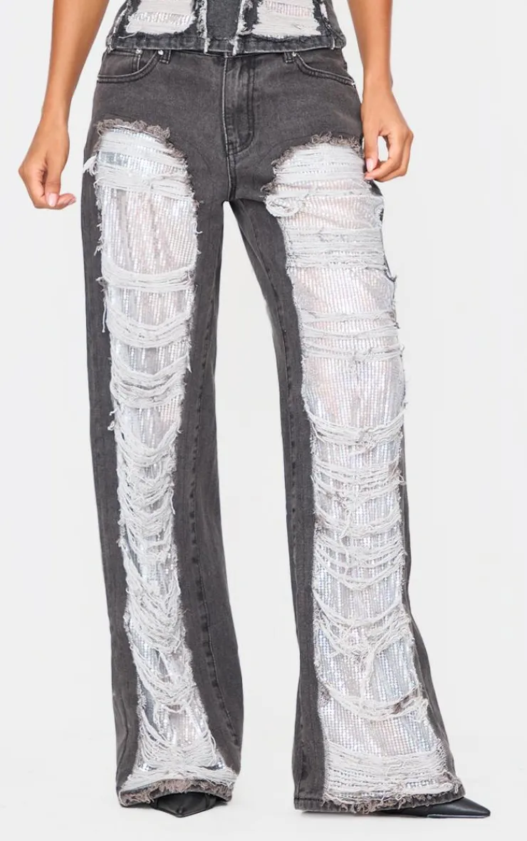 Best PrettyLittleThing Extreme Distressed Sequin Panel Straight Leg Jeans Washed Black