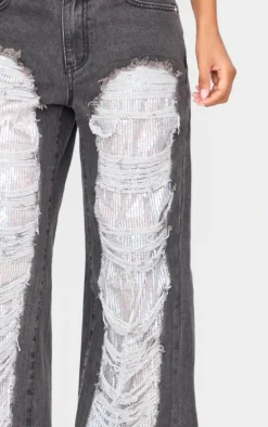 Best PrettyLittleThing Extreme Distressed Sequin Panel Straight Leg Jeans Washed Black
