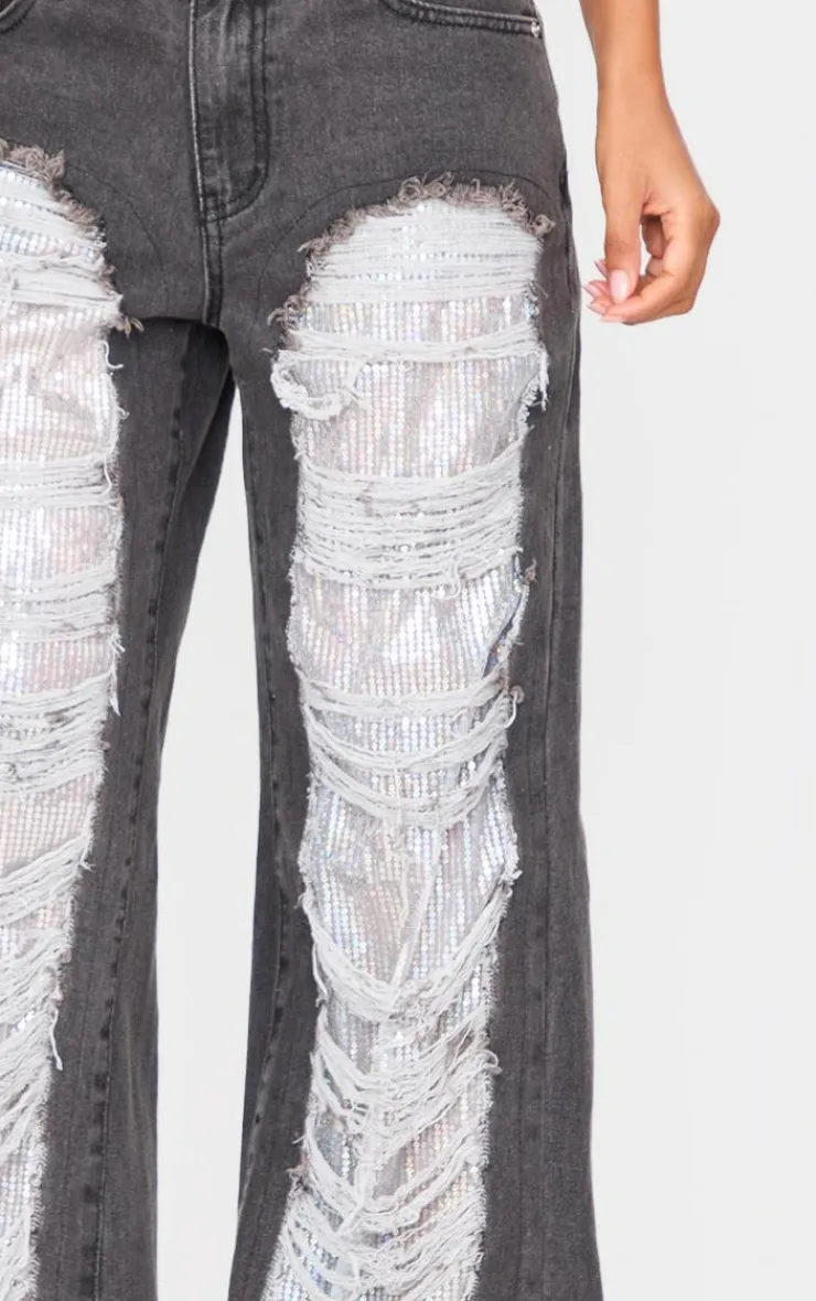 Best PrettyLittleThing Extreme Distressed Sequin Panel Straight Leg Jeans Washed Black
