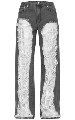 Best PrettyLittleThing Extreme Distressed Sequin Panel Straight Leg Jeans Washed Black