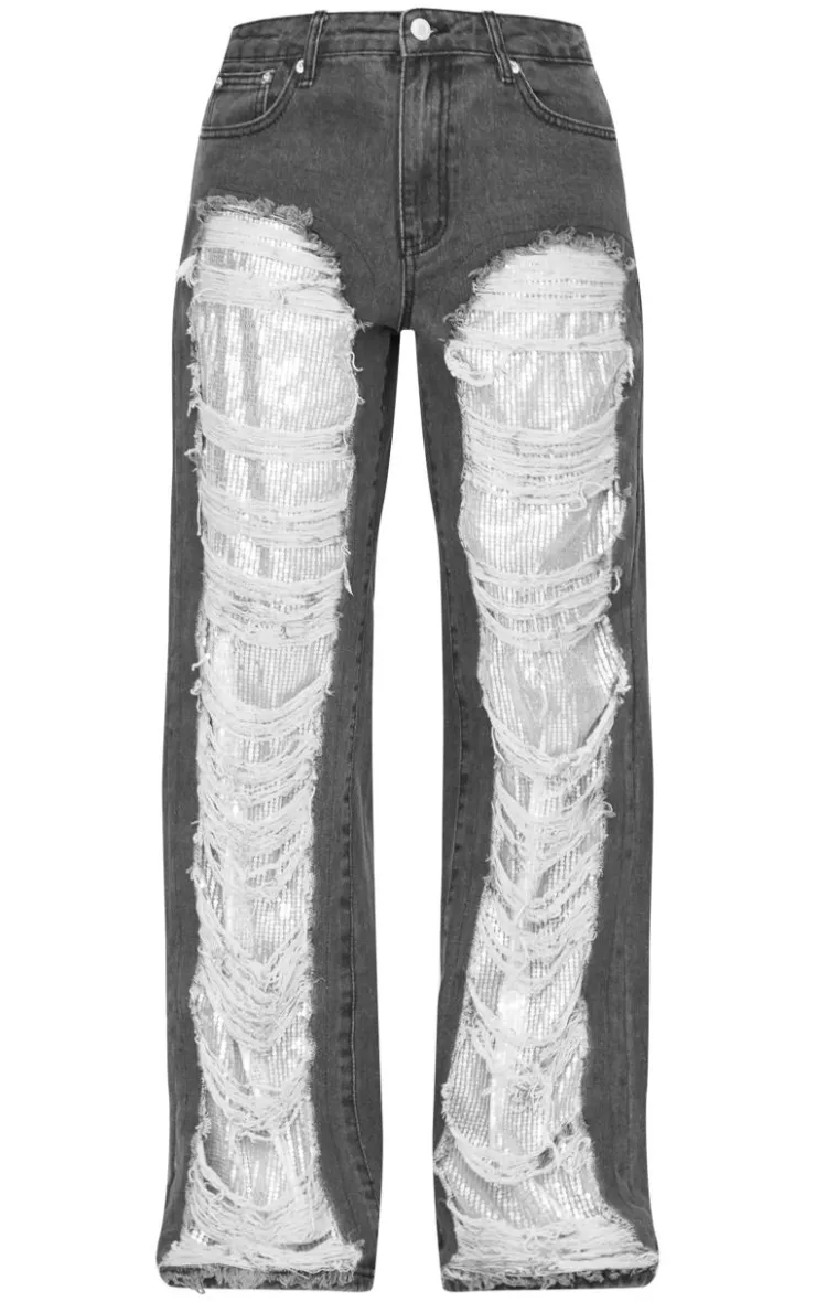 Best PrettyLittleThing Extreme Distressed Sequin Panel Straight Leg Jeans Washed Black