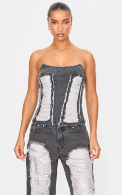Outlet PrettyLittleThing Extreme Distressed Sequin Panel Strapless Denim Top Washed Black