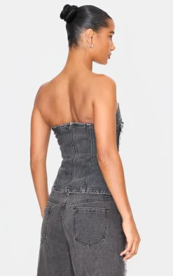 Outlet PrettyLittleThing Extreme Distressed Sequin Panel Strapless Denim Top Washed Black